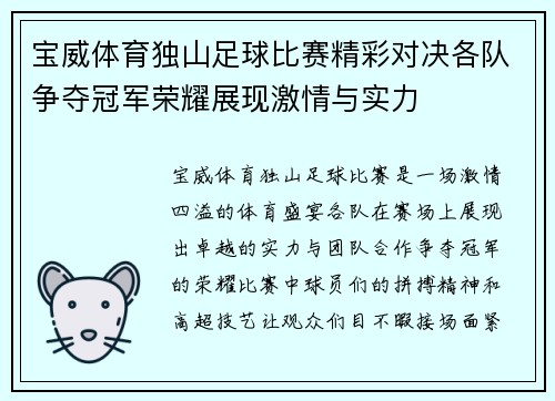 宝威体育独山足球比赛精彩对决各队争夺冠军荣耀展现激情与实力