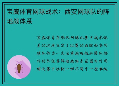 宝威体育网球战术：西安网球队的阵地战体系