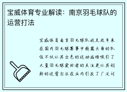 宝威体育专业解读：南京羽毛球队的运营打法