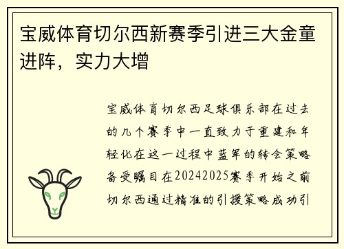 宝威体育切尔西新赛季引进三大金童进阵，实力大增