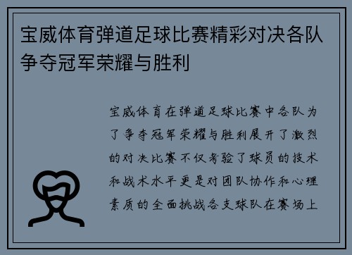 宝威体育弹道足球比赛精彩对决各队争夺冠军荣耀与胜利