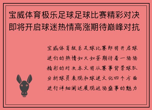 宝威体育极乐足球足球比赛精彩对决即将开启球迷热情高涨期待巅峰对抗