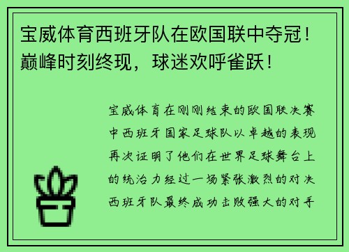 宝威体育西班牙队在欧国联中夺冠！巅峰时刻终现，球迷欢呼雀跃！